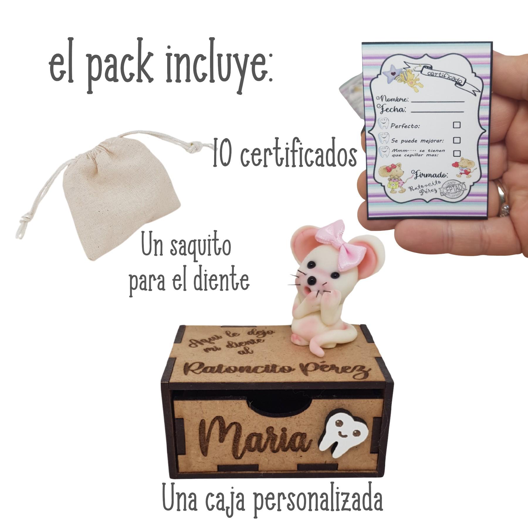 Caja Ratoncito Pérez personalizada rosa para guardar los dientes. Incluye  certificados y saquito para el diente.