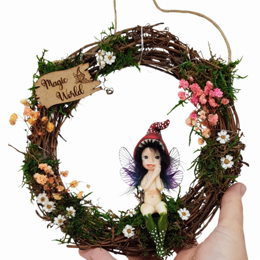 Hada del bosque en columpio. Figura hada decorativa de porcelana fría duende, elfo hada miniatura, jardín de hadas, decoración colgante led [0]