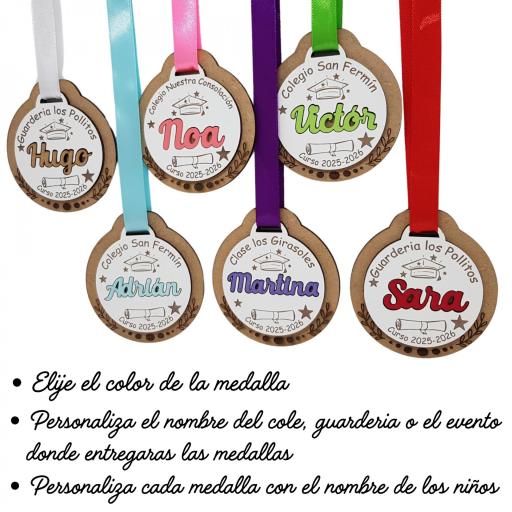 Medallas Fin de Curso Personalizadas de madera. Regalo original con el nombre de los niños. [1]
