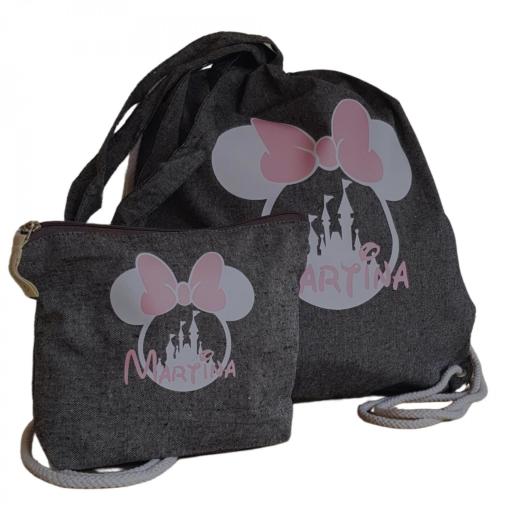 Mochila Personalizada Minnie con Nombre, Neceser a Juego,Bolsa Algodón Reciclado, Pack Regalo Infantil Original