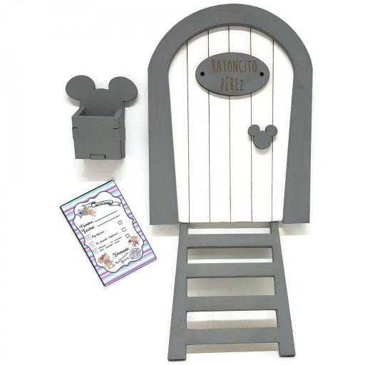 Puerta Ratoncito Pérez blanca y gris personalizada o sin personalizar con escalera, buzón y cartas. Producto artesanal