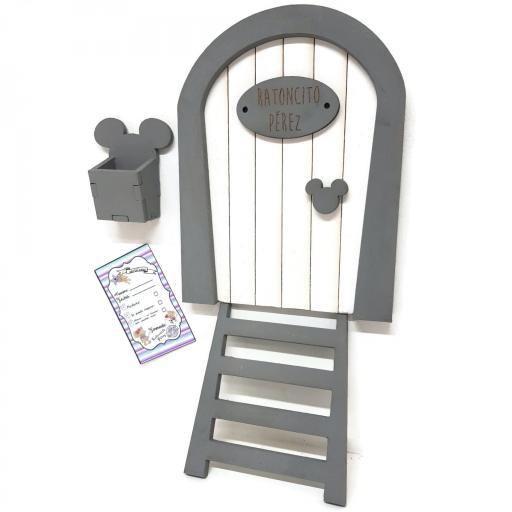 Puerta Ratoncito Pérez blanca y gris personalizada o sin personalizar con escalera, buzón y cartas. Producto artesanal [1]