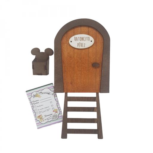 Puerta Ratoncito Pérez de madera personalizada o sin personalizar con escalera, buzón y cartas. Producto artesanal