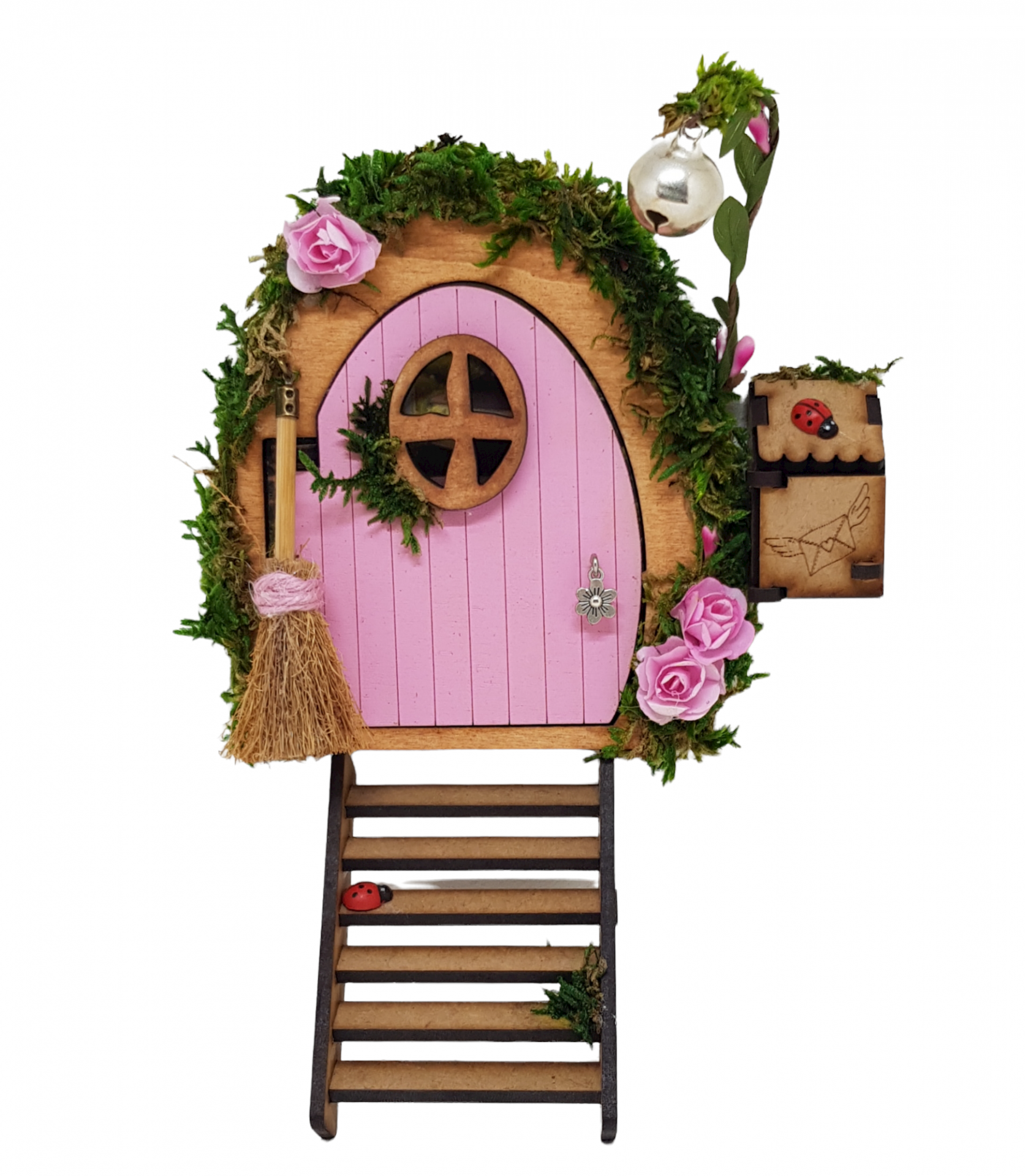 Puerta rosa de Hadas Fantasía de Madera con Escoba: Magia Hecha Realidad