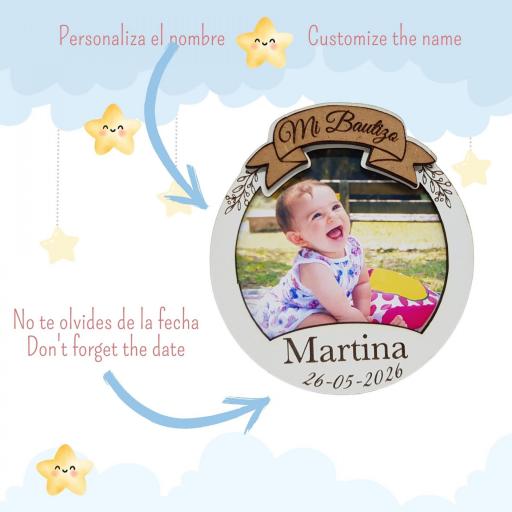 Regalo Bautizo Original, Marco Foto Imán redondo. Detalle Invitados Personalizado,Detalle comunión. Marco de madera.Baby Shower [1]