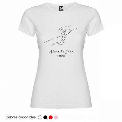 Camiseta Mujer Personalizada Dibujo Manos con Nombre y Fecha [1]
