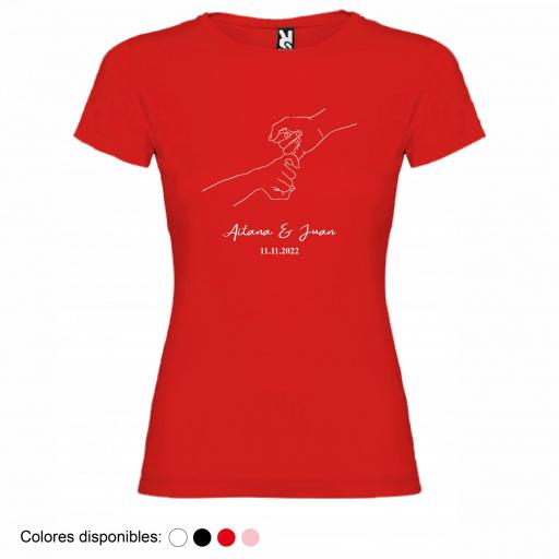 Camiseta Mujer Personalizada Dibujo Manos con Nombre y Fecha [2]