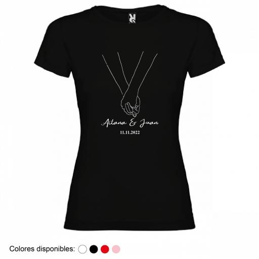 Camiseta Mujer Personalizada Dibujo Manos Cogidas con Nombre y Fecha [1]