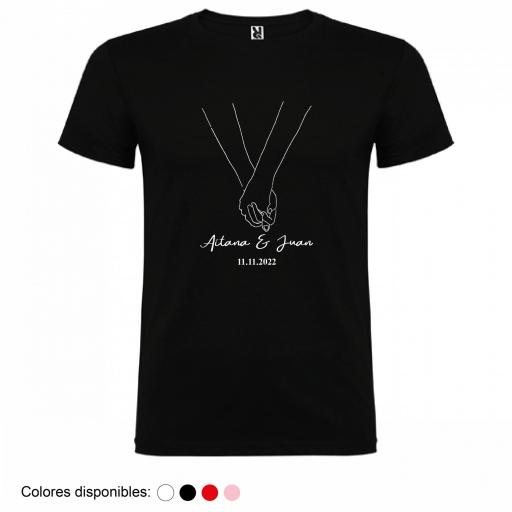 Camiseta Hombre/Unisex Personalizada Dibujo Manos Cogidas con Nombre y Fecha [1]