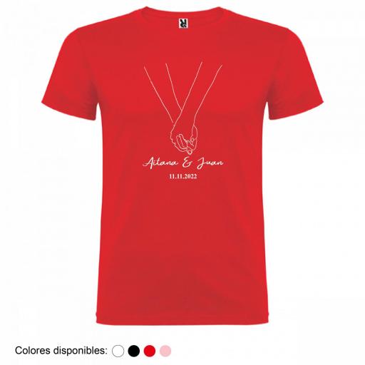 Camiseta Hombre/Unisex Personalizada Dibujo Manos Cogidas con Nombre y Fecha [3]