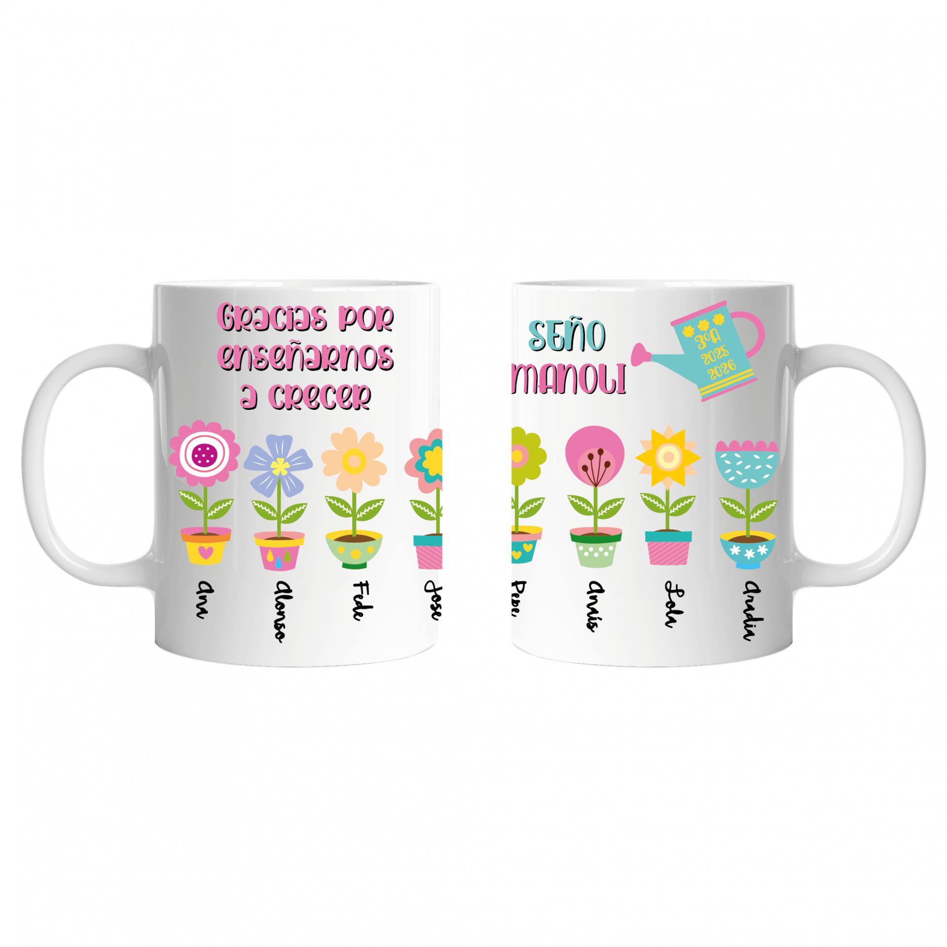 Taza Personalizada con Dibujos de Flores con Nombres de Alumnos para Maestra