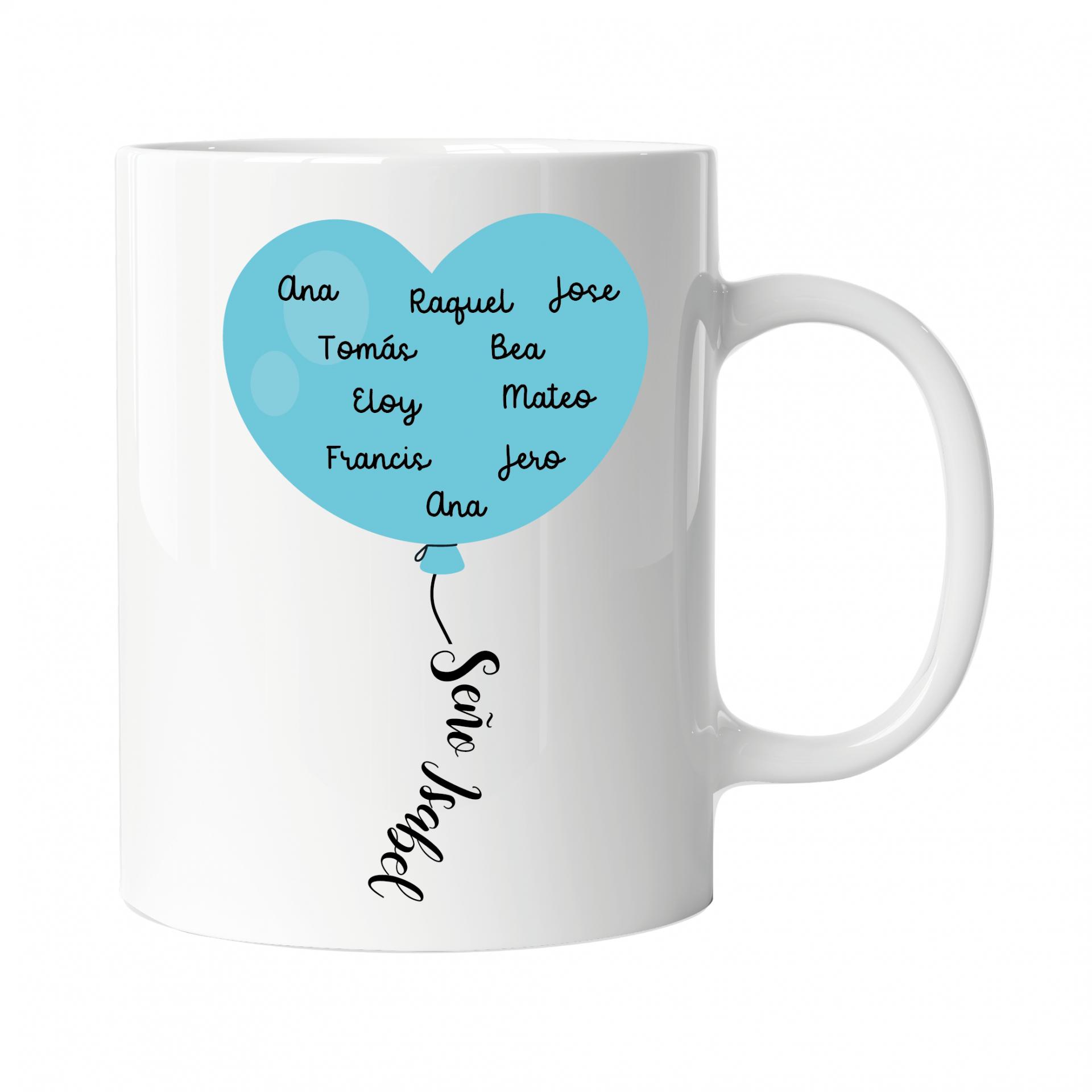 Taza Personalizada con Globo Corazon con Nombres de Alumnos Azul