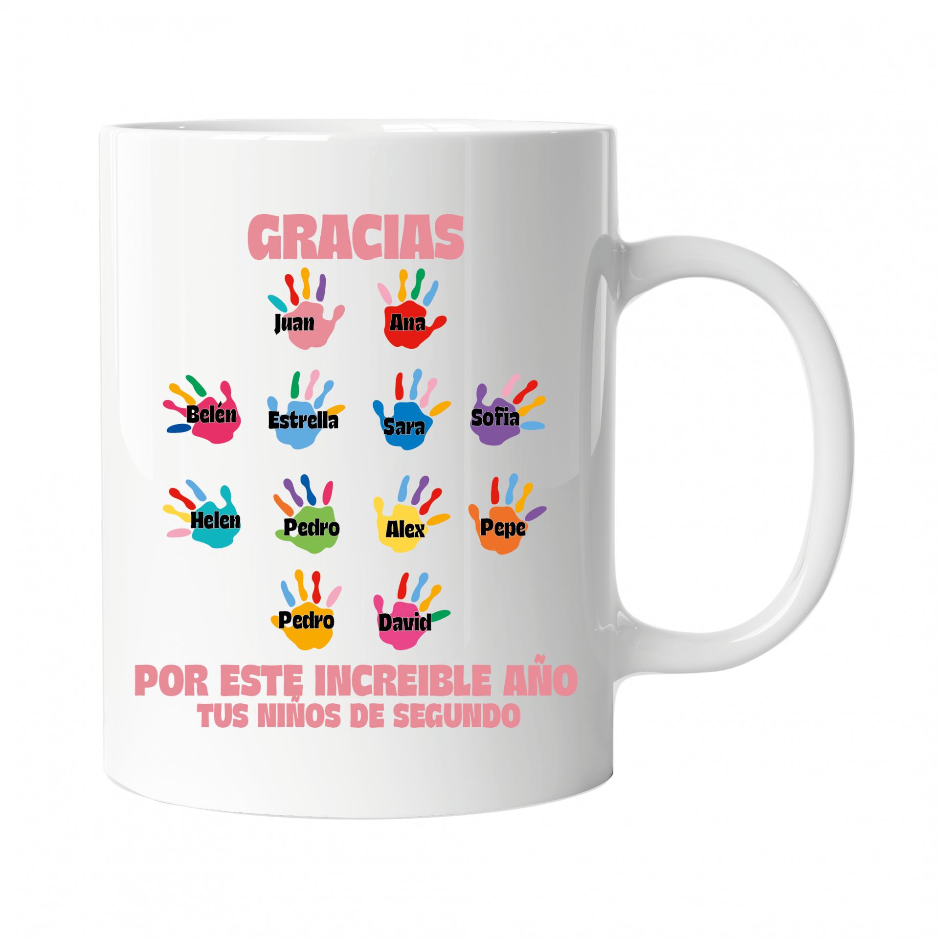 Taza Personalizada con Huellas de Colores con Nombres de Alumnos Rosa