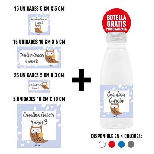 Pack 60 Pegatinas Personalizadas con Botella de Regalo - Buho