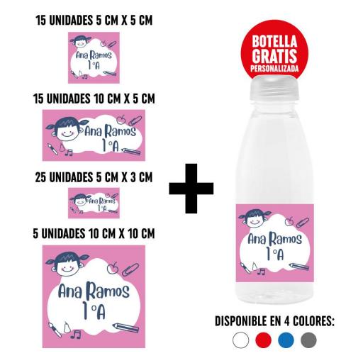 Pack 60 Pegatinas Personalizadas con Botella de Regalo - Dibujo Niña