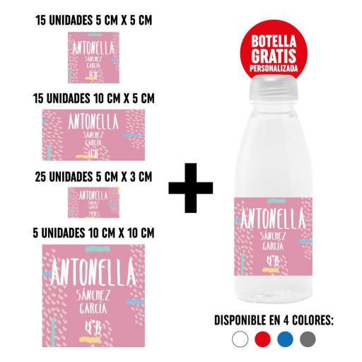 Pack 60 Pegatinas Personalizadas con Botella de Regalo - Rosa Mod 1