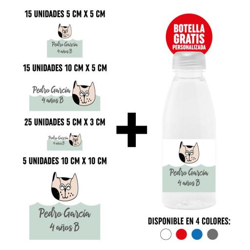 Pack 60 Pegatinas Personalizadas con Botella de Regalo - Animales Gatito 1