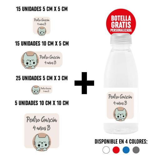 Pack 60 Pegatinas Personalizadas con Botella de Regalo - Animales Gatito 2