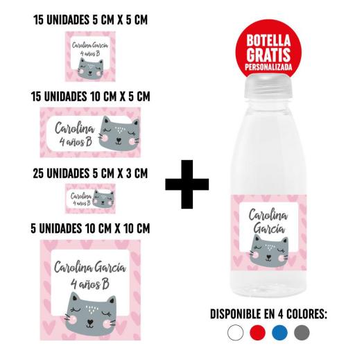 Pack 60 Pegatinas Personalizadas con Botella de Regalo - Gatito