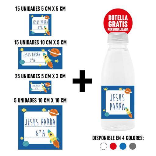 Pack 60 Pegatinas Personalizadas con Botella de Regalo - Nave Espacial
