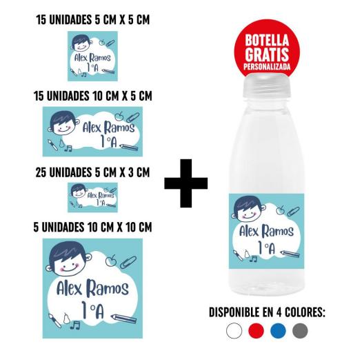 Pack 60 Pegatinas Personalizadas con Botella de Regalo - Dibujo Niño