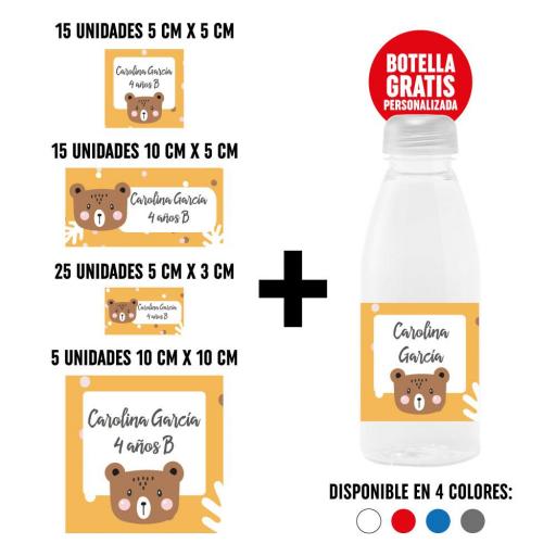 Pack 60 Pegatinas Personalizadas con Botella de Regalo - Oso