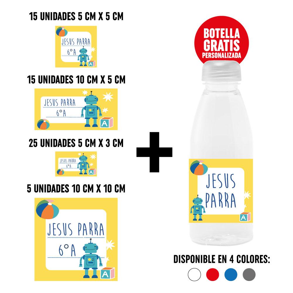 Pack 60 Pegatinas Personalizadas con Botella de Regalo - Robot