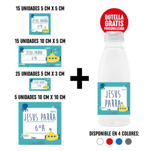 Pack 60 Pegatinas Personalizadas con Botella de Regalo - Submarino