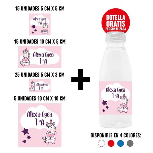Pack 60 Pegatinas Personalizadas con Botella de Regalo - Unicornio