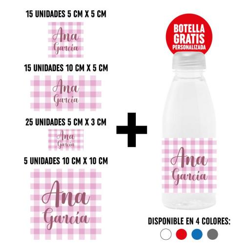 Pack 60 Pegatinas Personalizadas con Botella de Regalo - Cuadros Vichy Rosa