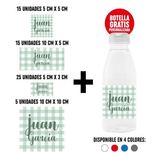 Pack 60 Pegatinas Personalizadas con Botella de Regalo - Cuadros Vichy Verde