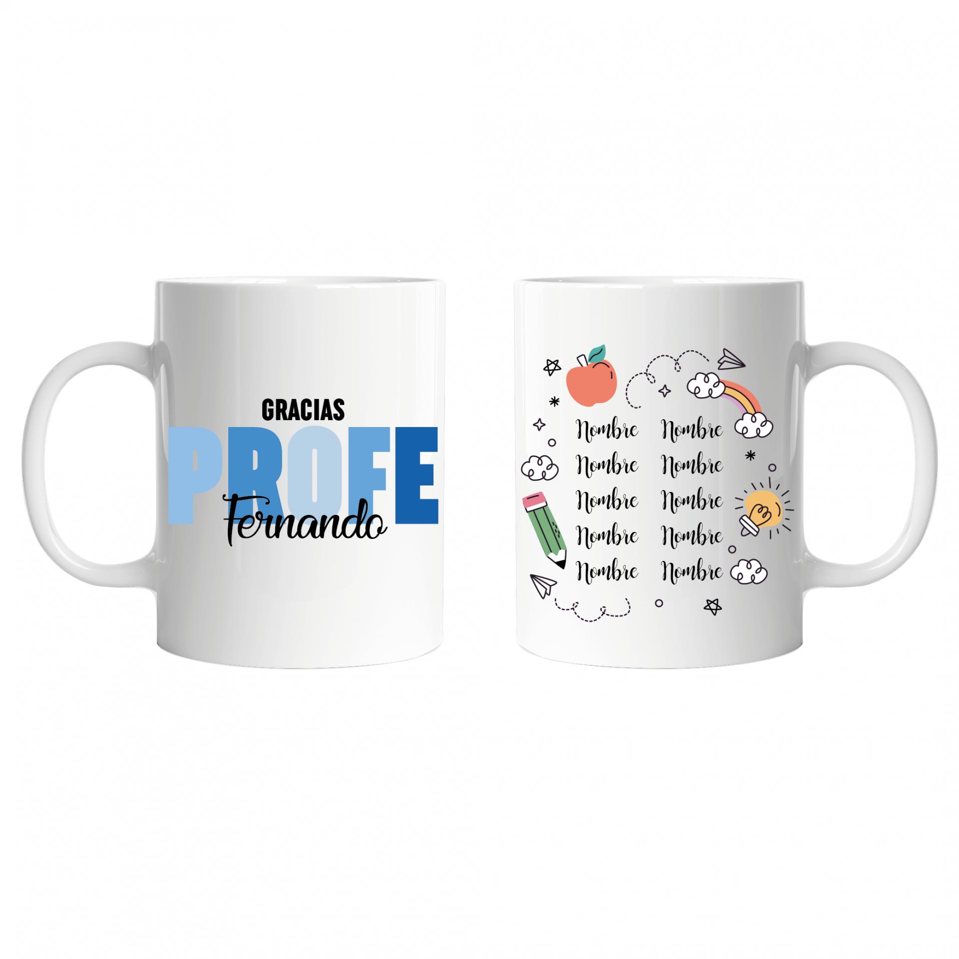 Taza Personalizada Profe con Nombre Letras de Colores Azul