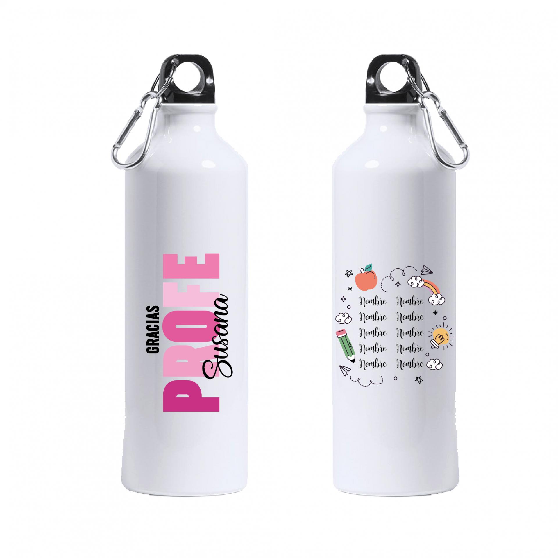 Botella Personalizada Profe con Nombre Letras de Colores Rosa