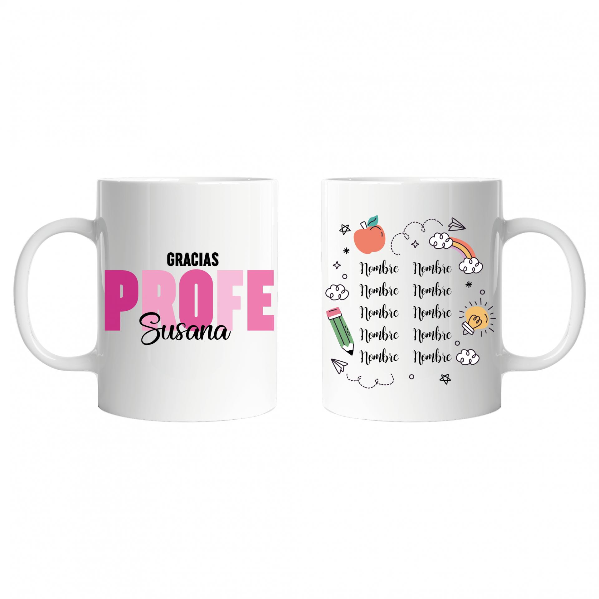 Taza Personalizada Profe con Nombre Letras de Colores Rosa