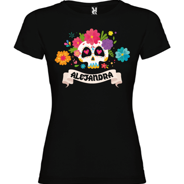 Camiseta Negra Calavera Flores II (Mujer y niña)