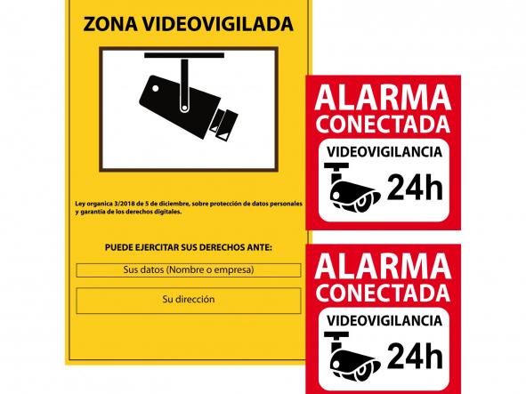 1 Cartel PVC cámaras de seguridad más 2 vinilos alarma conectada (vinilos para pegar por fuera) [0]
