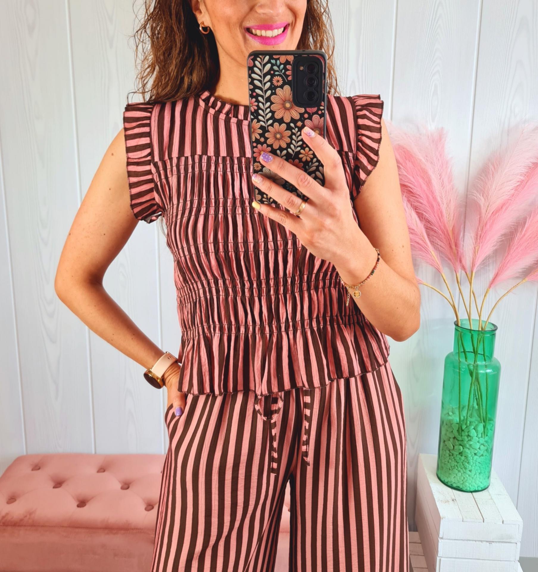 Blusa Engomada Rayas Choco-Rosa