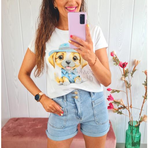 Camiseta Blanca Perrito Azul