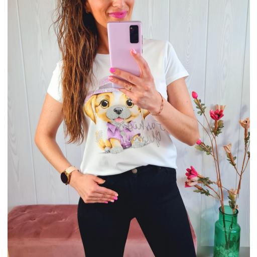 Camiseta Blanca Perrito Malva