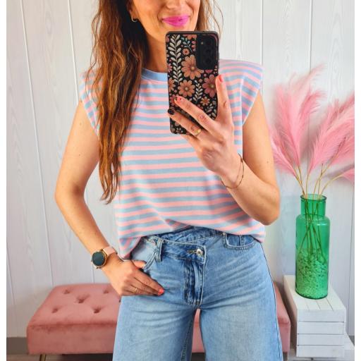 Camiseta Hombreras Rayas Azules/Rosas [0]