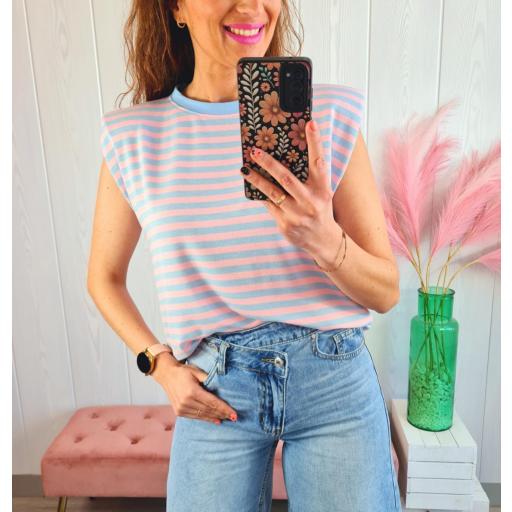 Camiseta Hombreras Rayas Azules/Rosas [2]