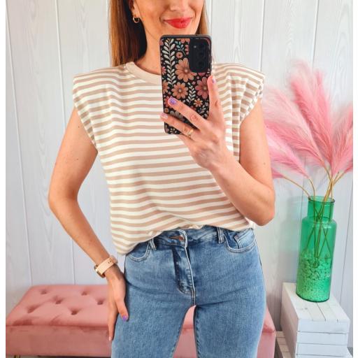 Camiseta Hombreras Rayas Beige [0]