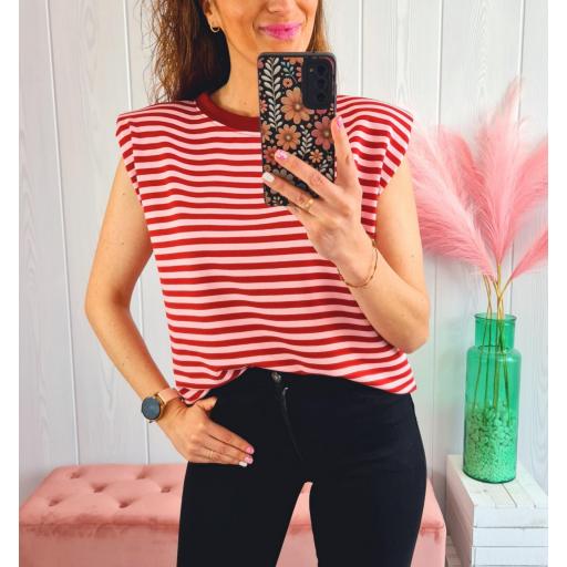 Camiseta Hombreras Rayas Granate/Rosas [0]