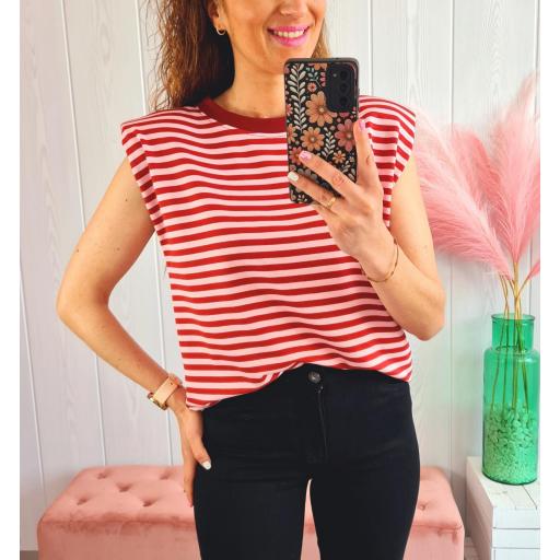 Camiseta Hombreras Rayas Granate/Rosas [3]