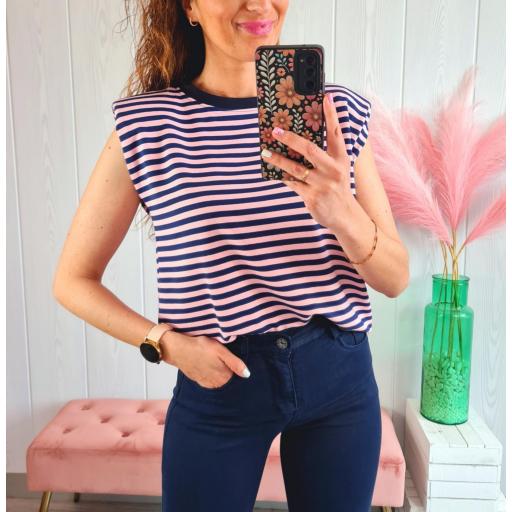 Camiseta Hombreras Rayas Marino/Rosas [0]