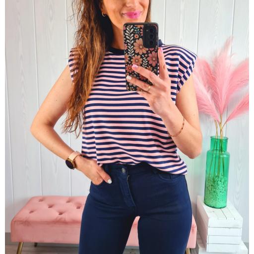 Camiseta Hombreras Rayas Marino/Rosas [3]