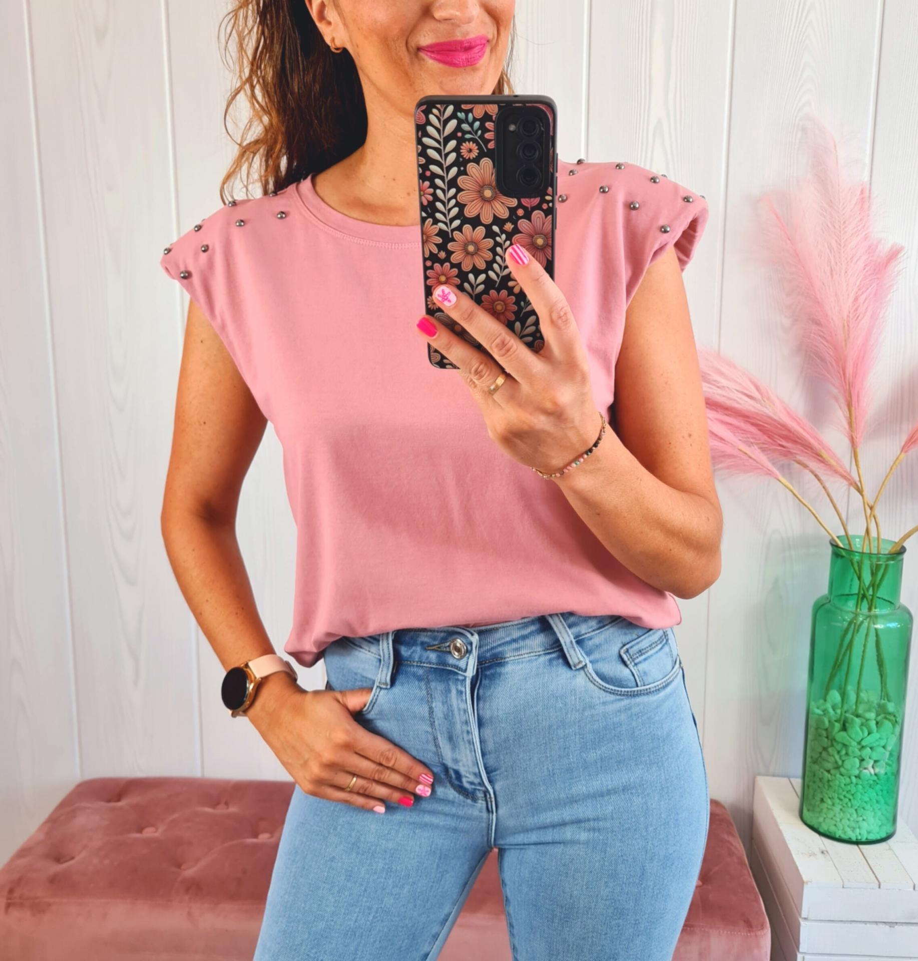 Camiseta Hombreras Tachas Rosa