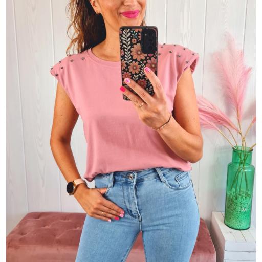 Camiseta Hombreras Tachas Rosa