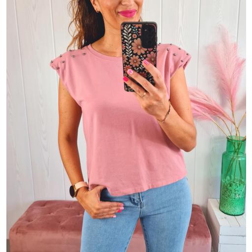 Camiseta Hombreras Tachas Rosa [1]