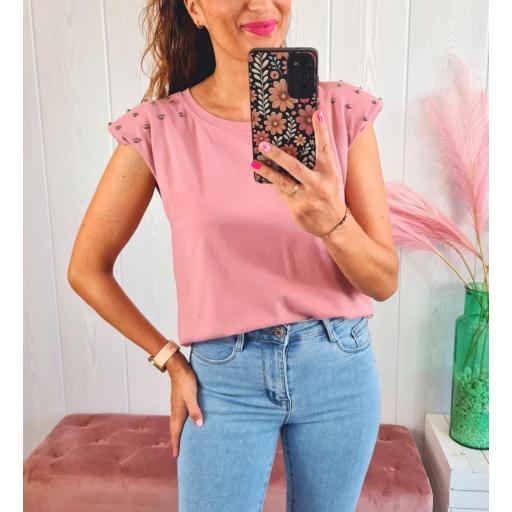 Camiseta Hombreras Tachas Rosa [3]